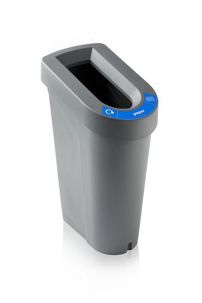 Single recycling bin without insert with blue paper label to the front