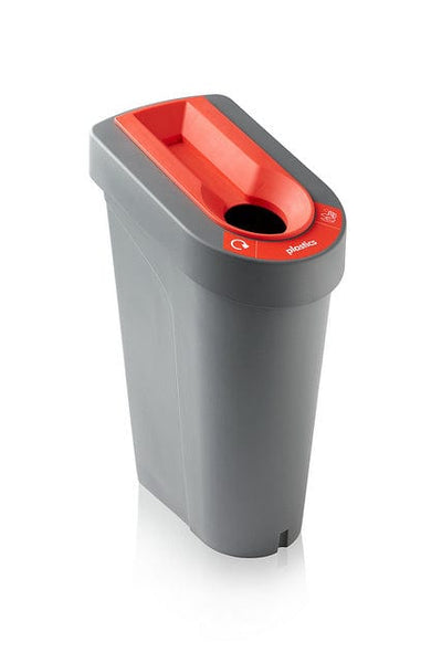 Plastic recycling ubin, showing with red hole insert and waste stream label to the front