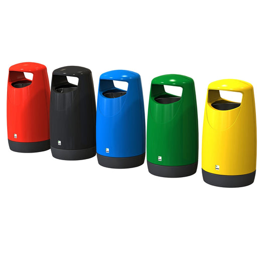 Assorted colored 95 liter Consort litter bins in colors red, black, blue, green & yellow.