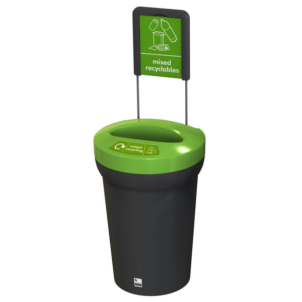 Arena bin with mixed recyclables label green lid and a black colored base.
