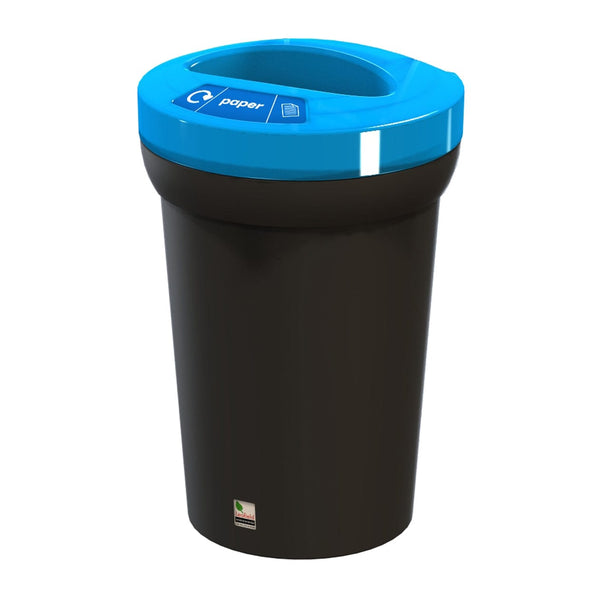 Arena bin with paper waste label blue lid and a black colored base.