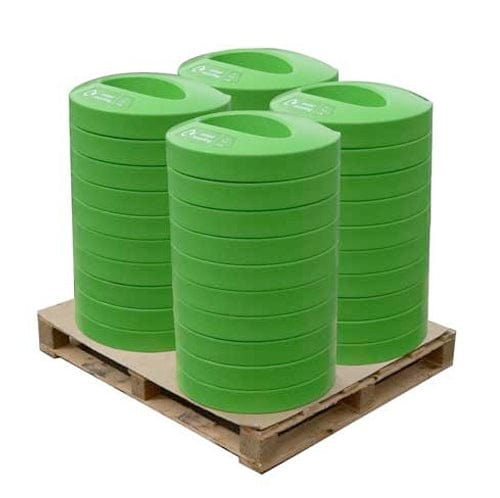 Stack of green coloured arena bin lids.