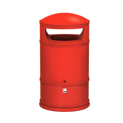 100 Litre Dome Top Litter Bin in Signal Red colorway. Weather resistant design.