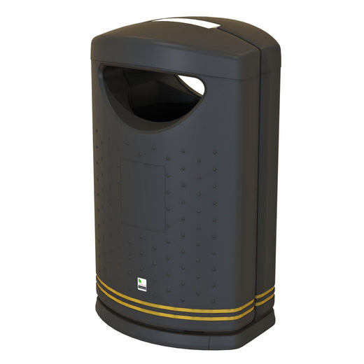 Black front opening trash can with affixed yellow liner.