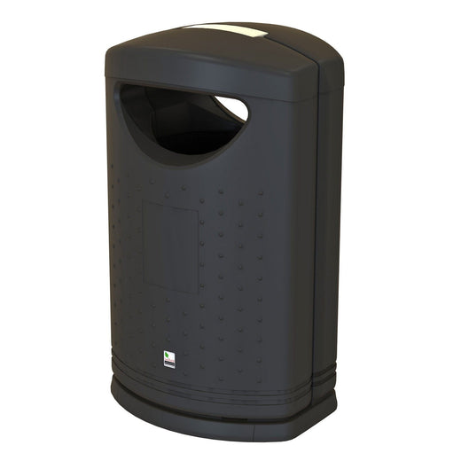 freestanding black recycling bin with front aperture and a galvanised steel liner.