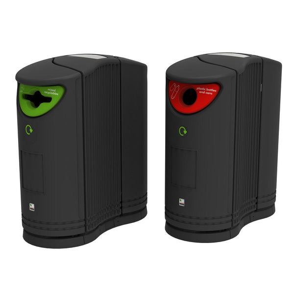 2 Double ended twin bin without decorative banding showing a mixed recycling propeller aperture or plastics red hole aperture