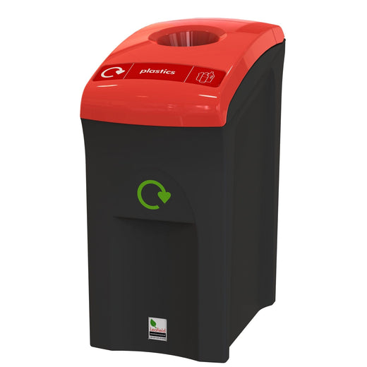 Mini black bodied recycling bin with hole aperture. The lid is red. 