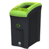 Trash bin with open top aperture. It has black body and light green lid. 