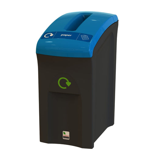 Black bodied 55-Litre recycling bin with blue lid and slot aperture. 