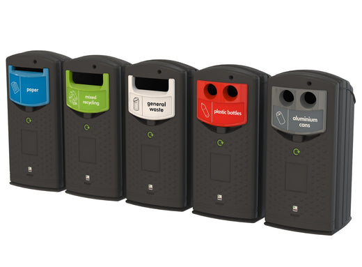 WRAP Compliant Color coded Envirobank Recycling Bins each with 140 litre capacity.