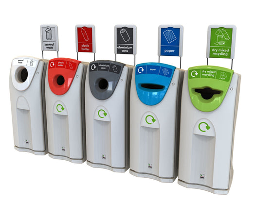 5 recycling bins in white base color with different colored apertures and attached recycling labels, arranged from left to right: white, red, grey, blue, and green.