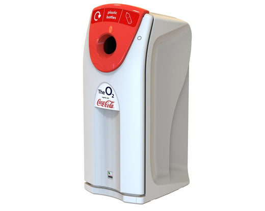 a white-bodied recycling bin equipped with a red slot for discarding plastic bottles, along with a graphic sticker.