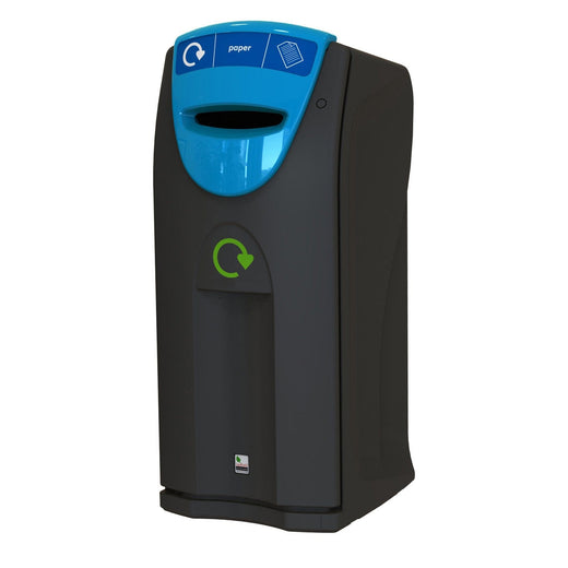 Photo of a black recycling bin with a blue aperture designated for paper and a graphic sticker.