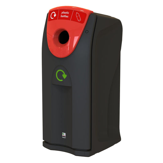 Photo of a black recycling bin with a red aperture designated for plastic bottles and a graphic sticker.