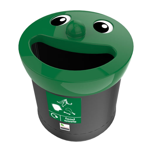 garbage can, boasting a black body and a green lid, is adorned with a smiley face along with a graphic  sticker.