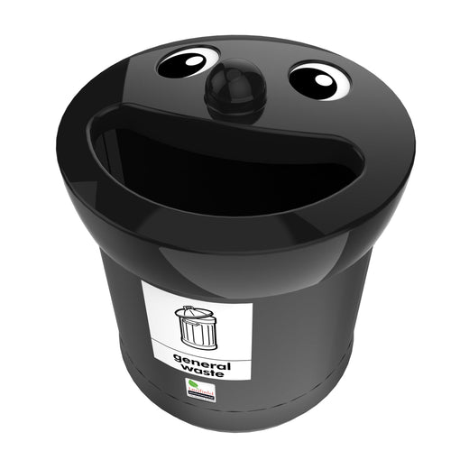 All black smiley face trash bin with a recycling sticker.