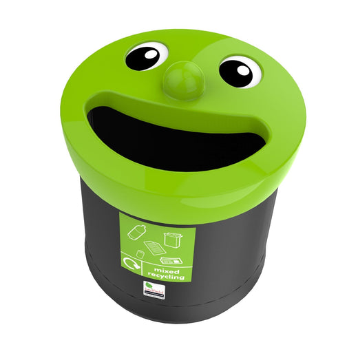 A smiley face trash bin, with a black body, a green top, and a sticker.