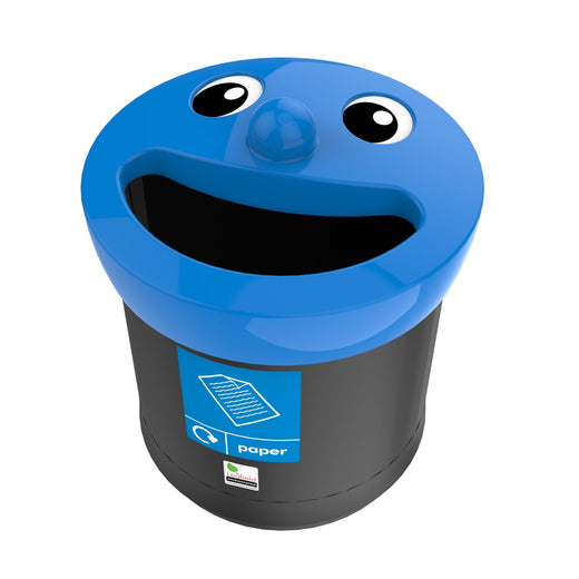 Smaller black, standalone trash can, with a smiley face and a blue lid, also comes with sticker.