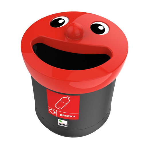 waste bin with a black body, features a smiley face, a red lid, and comes with a recycling sticker.