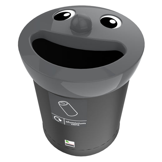 A stand-alone smiley face garbage bin, colored in black, completed with a grey lid and an attached sticker.