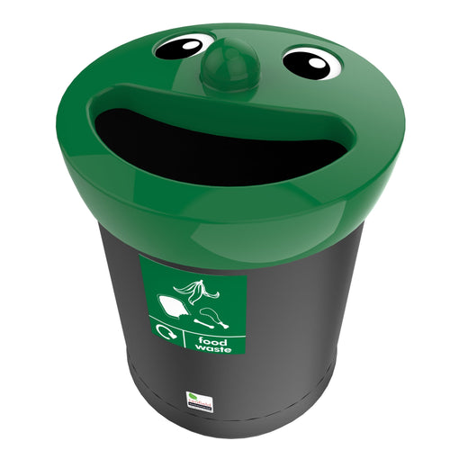 smiley-face adorned trash bin is featured with a black body, a green lid, and comes with a sticker attachment.