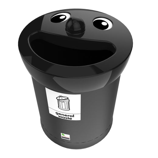 Featuring a black body and a black lid, this smiley-face trash bin also comes with a sticker attached.