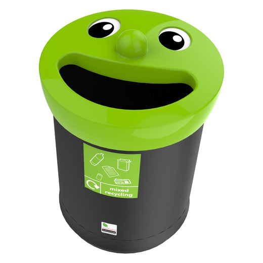 freestanding black bodied smiley face trash can with green lid and sticker attached.