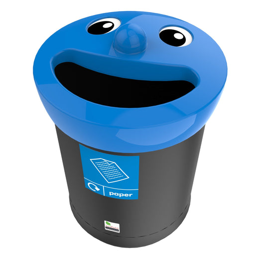 A free-standing trash bin with a black body is highlighted with a smiley face, a blue lid, and an attached sticker.