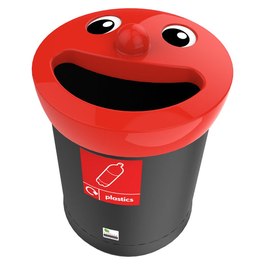 Decorated with a smiley face, a standalone trash bin has a black body, a red cover, and comes with an affixed sticker.