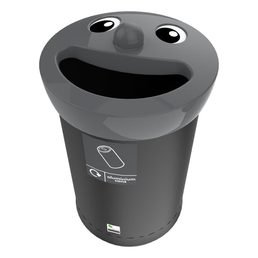 A standalone black trash can bears a smiley face design, grey lid, and an affixed sticker.