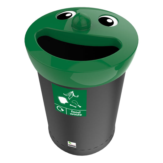 A black-bodied, standalone garbage can features a green lid and a smiley face embellishment, complete with an attached sticker.