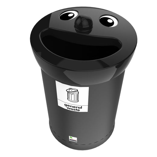 Adorned with a smiley face, this standalone trash bin, colored in black, features a black cover and an additional sticker.