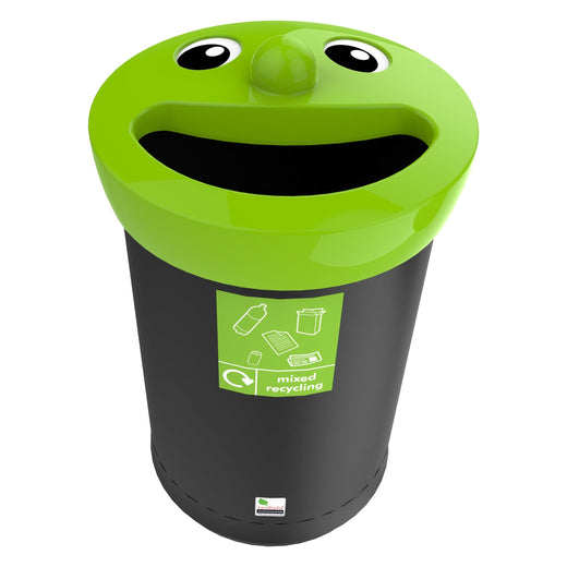  black garbage can, featuring a smiley face, is equipped with a green lid and an affixed sticker.