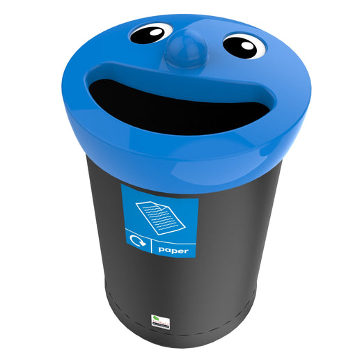 A free-standing garbage can, boasting a black body, a blue lid, and a smiley face, comes along with an attached sticker.