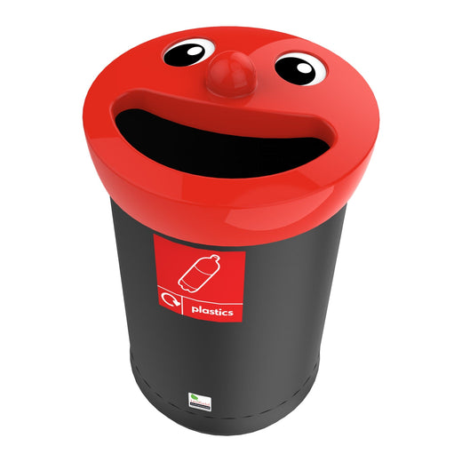 A black trash can with a red lid. Adorned with a smiley-face and comes complete graphics.