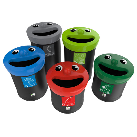 5 smiley face recyclign bins with solid black base color and different colored lids with wide aperture in red, dark green, light green, blue and grey.