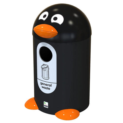 Penguin shaped recycling bin in black with graphics. 