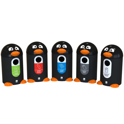 5 black litter bins shaped like penguin with color coded recycling stickers.