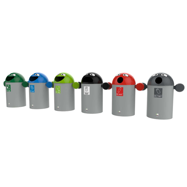 Group picture of the best buddy recycling bin with labels and coloured tops