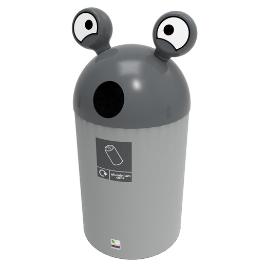 Space buddy with hole aperture., grey lid and grey body with cans iconography to the front