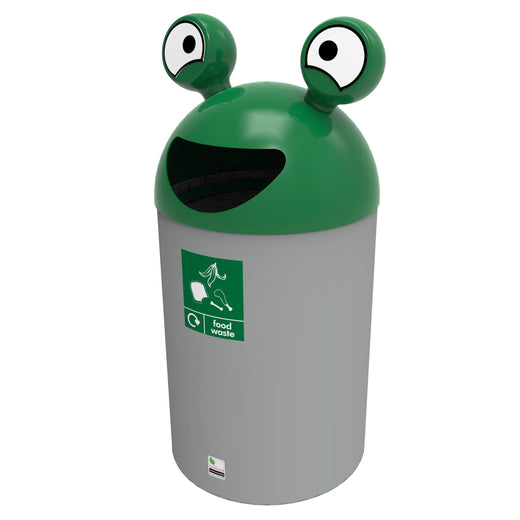 Dark green lid food waste recycling bin, dark green lid with smiley face aperture and food waste graphic