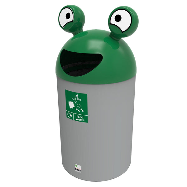 Dark green lid food waste recycling bin, dark green lid with smiley face aperture and food waste graphic