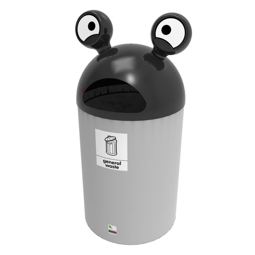 Black lidded Space Buddy with sad style aperture, grey bpdy and white general waste label
