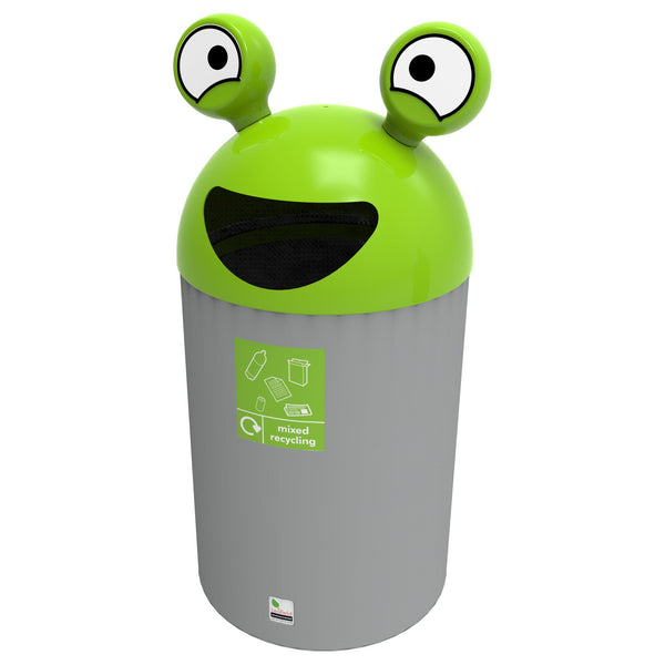Mixed recycling smiley face aperture and mixed recycling iconography.  Lime green lid with alien eyes