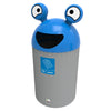 Grey body with blue lid, complete with smiley face aperture, alien eyes and paper label to the front