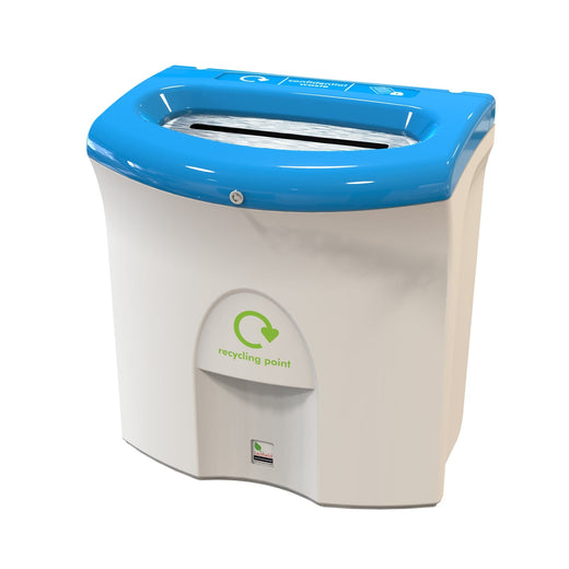 A white bodied paper trash can with slot input slot in light blue. 