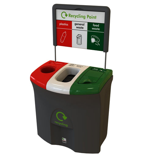 A recycling bin separated into three sections with color-specific lids - a hole in the red lid, a lift-lid on the white, and an open top on the dark green.