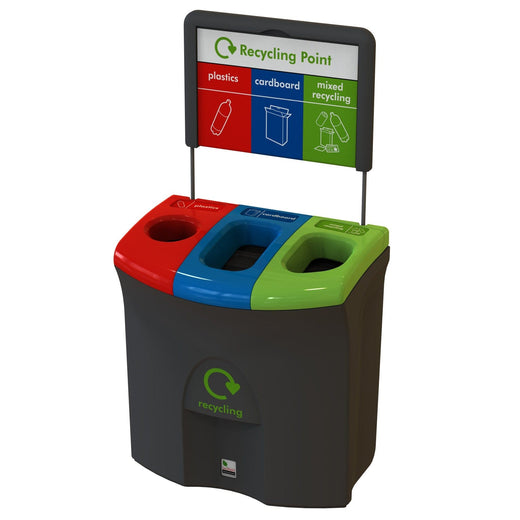 Black bodied triple recycling bin with color-coded lids and signage: red with a hole, blue with a lift-lid, and light green with an open top.