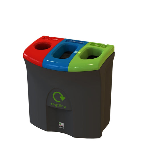 A triple-compartment recycling bin with a black body, color-coded lids - red with a hole, blue with a lift-lid, light green with an open top 