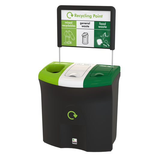 A three-segmented recycling bin including color-coded lids - an open aperture on the light green lid, a lift-lid on the white one, and a dark green lid complete with signage on top.